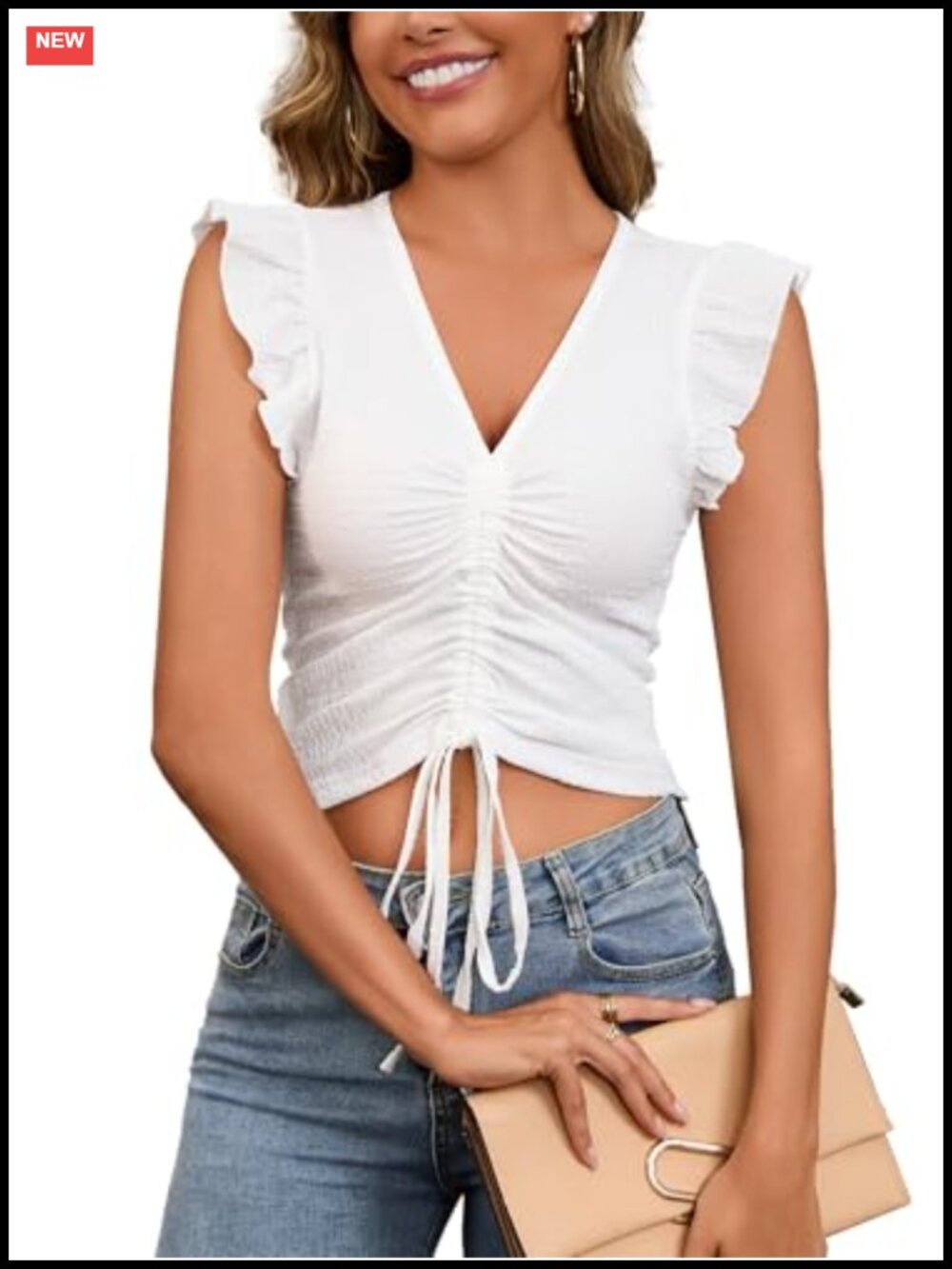 Womens Ruched Tank Top V-Neck Cropped Drawstring Ruffle Sleeves Casual Cute